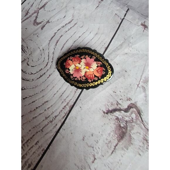 Vintage Hand Painted Russian Floral Black Mourning Brooch Pin Signed 2inches - Picture 3 of 6